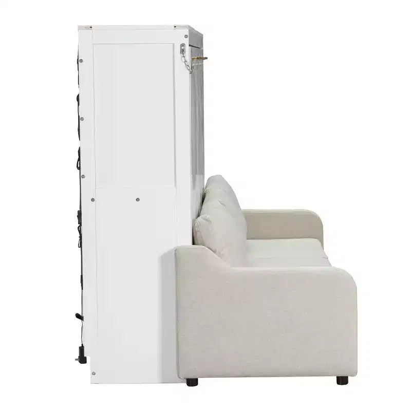 Lit escamotable de taille Queen Whisen Wood avec canapé pliant, étagères de rangement intégrées et lumière LED