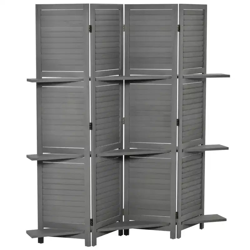 MAYEERTY Paravent Pliant 4 Panneaux avec Étagères de Rangement en Bois de Paulownia, Cloison de Séparation Autoportante pour Chambre ou Bureau, Gris