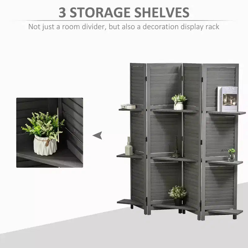 MAYEERTY Paravent Pliant 4 Panneaux avec Étagères de Rangement en Bois de Paulownia, Cloison de Séparation Autoportante pour Chambre ou Bureau, Gris