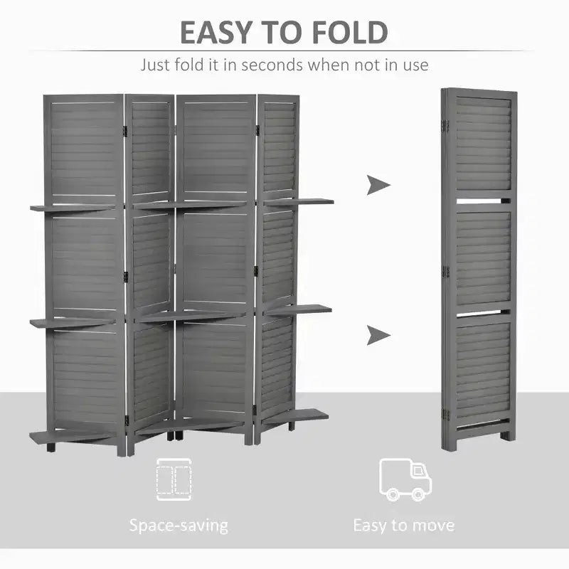 MAYEERTY Paravent Pliant 4 Panneaux avec Étagères de Rangement en Bois de Paulownia, Cloison de Séparation Autoportante pour Chambre ou Bureau, Gris