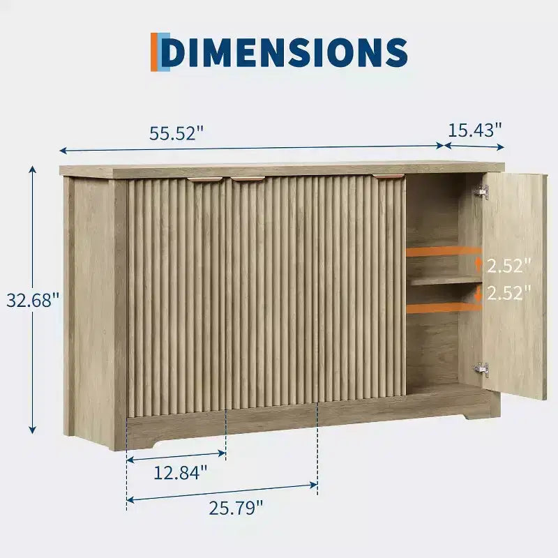 Bahut moderne cannelé en bois avec 4 portes et étagère réglable, plateau spacieux, console polyvalente pour buffet et bar à café pour salle à manger