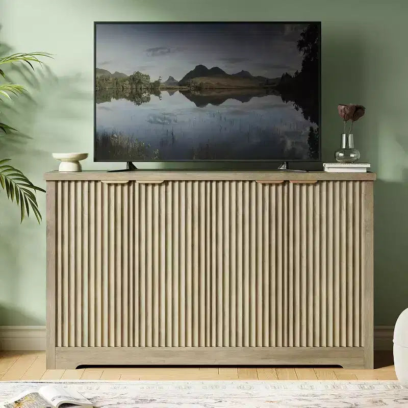 Bahut moderne cannelé en bois avec 4 portes et étagère réglable, plateau spacieux, console polyvalente pour buffet et bar à café pour salle à manger