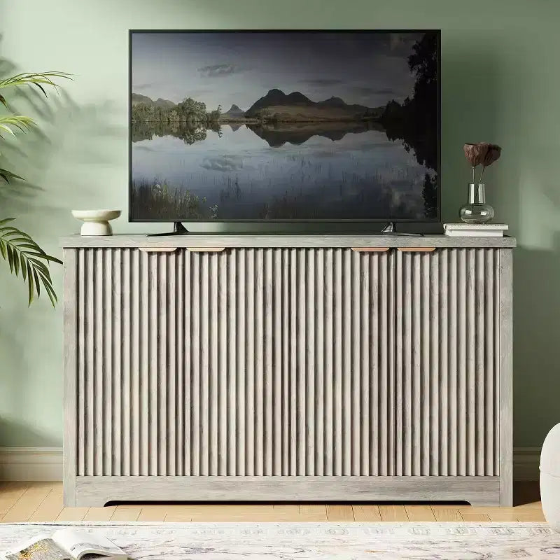 Bahut moderne cannelé en bois avec 4 portes et étagère réglable, plateau spacieux, console polyvalente pour buffet et bar à café pour salle à manger