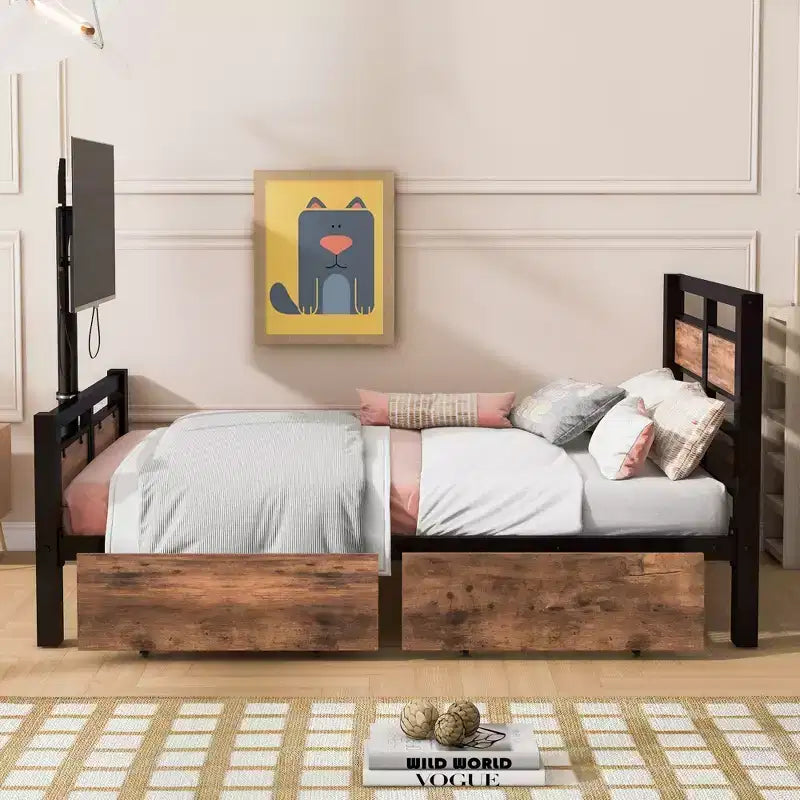 Cadre de lit plateforme en métal taille double avec tête et pied de lit en MDF, 2 tiroirs de rangement et support TV rotatif, industriel, noir - ModernLuxe