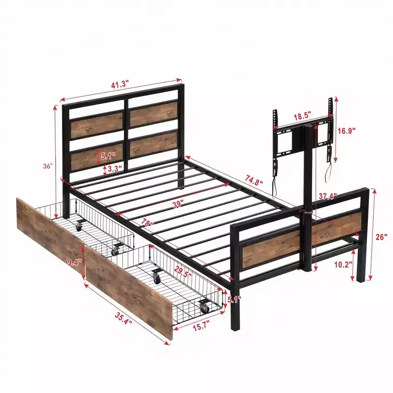 Cadre de lit plateforme en métal taille double avec tête et pied de lit en MDF, 2 tiroirs de rangement et support TV rotatif, industriel, noir - ModernLuxe