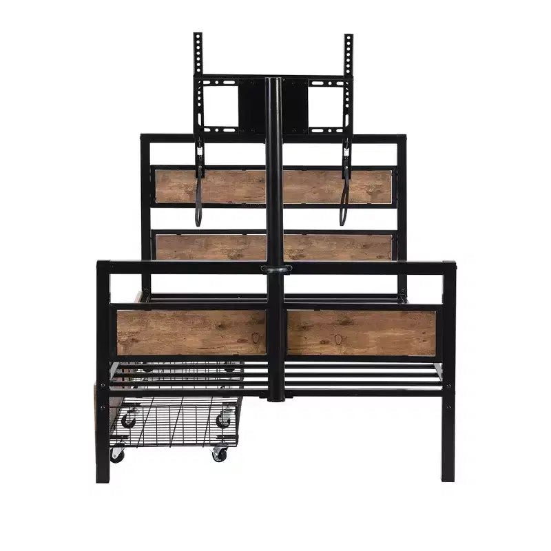 Cadre de lit plateforme en métal taille double avec tête et pied de lit en MDF, 2 tiroirs de rangement et support TV rotatif, industriel, noir - ModernLuxe