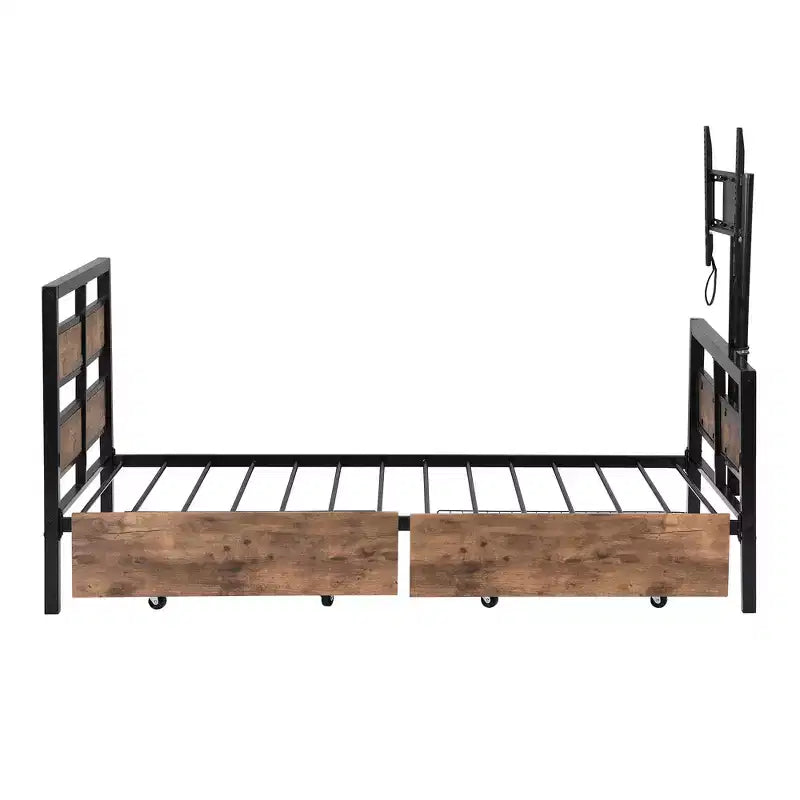 Cadre de lit plateforme en métal taille double avec tête et pied de lit en MDF, 2 tiroirs de rangement et support TV rotatif, industriel, noir - ModernLuxe