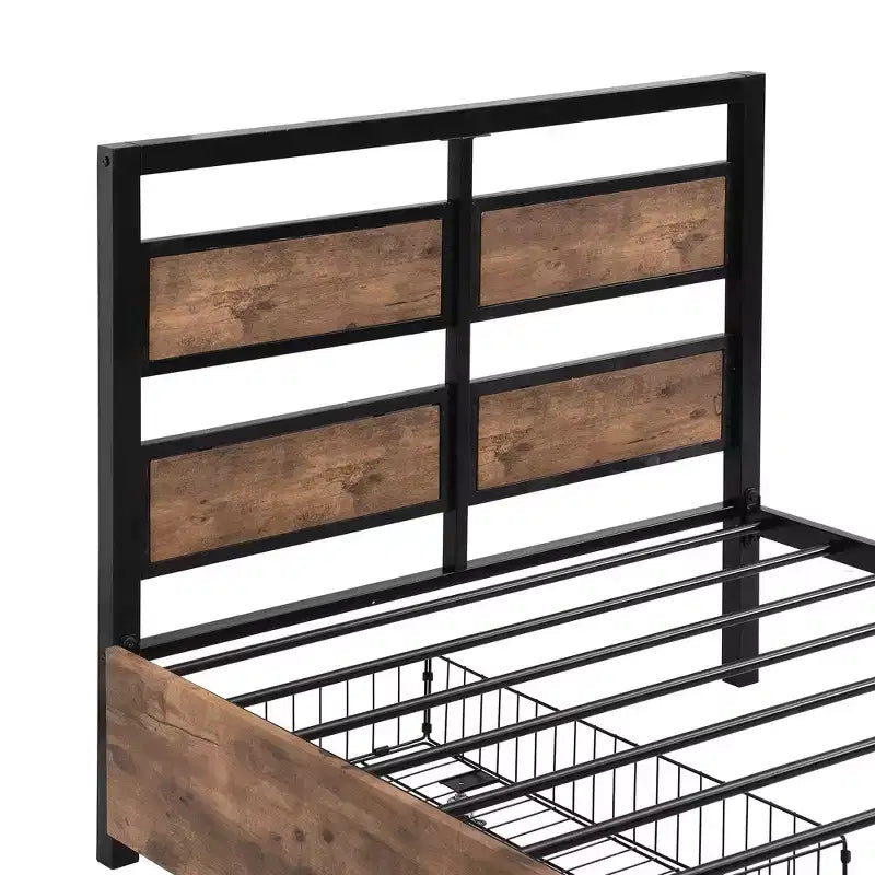 Cadre de lit plateforme en métal taille double avec tête et pied de lit en MDF, 2 tiroirs de rangement et support TV rotatif, industriel, noir - ModernLuxe