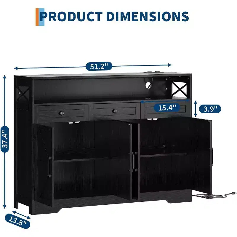 Grand buffet de 129,5 cm avec rangement et station de charge, buffet moderne de style ferme pour bar à café, avec 3 tiroirs et portes