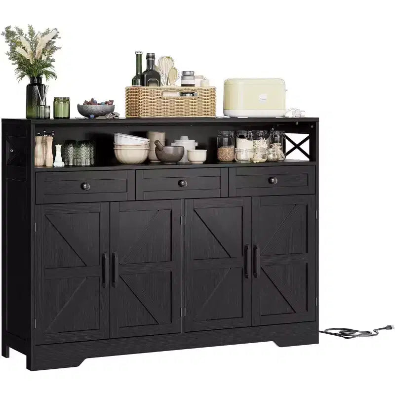 Grand buffet de 129,5 cm avec rangement et station de charge, buffet moderne de style ferme pour bar à café, avec 3 tiroirs et portes
