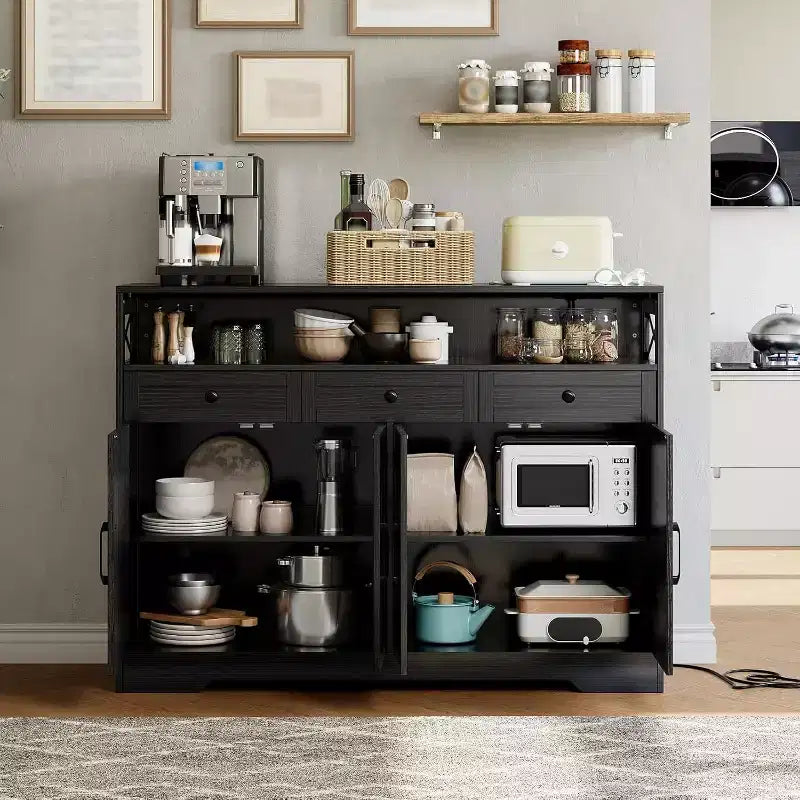 Grand buffet de 129,5 cm avec rangement et station de charge, buffet moderne de style ferme pour bar à café, avec 3 tiroirs et portes