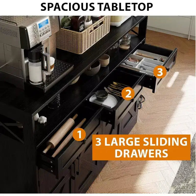 Grand buffet de 129,5 cm avec rangement et station de charge, buffet moderne de style ferme pour bar à café, avec 3 tiroirs et portes
