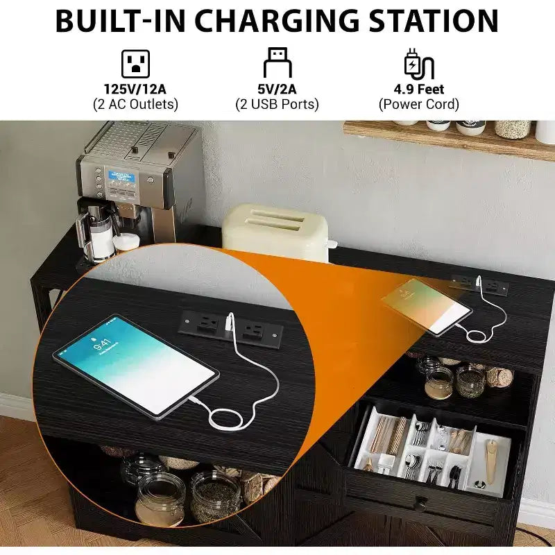 Grand buffet de 129,5 cm avec rangement et station de charge, buffet moderne de style ferme pour bar à café, avec 3 tiroirs et portes