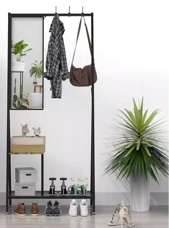 Set da Ingresso Moderno in Alluminio, Ingresso a Muro da 185 cm con Specchio e Panchina, Scaffali Porta Scarpe, Combinazione Nero/Marrone per Soggiorni