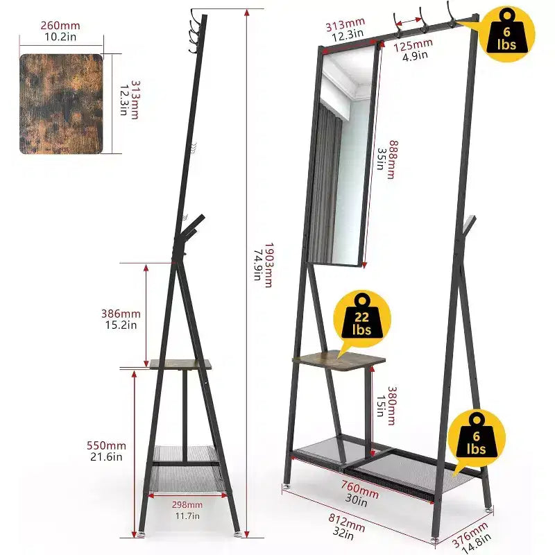 Set da Ingresso Moderno in Alluminio, Ingresso a Muro da 185 cm con Specchio e Panchina, Scaffali Porta Scarpe, Combinazione Nero/Marrone per Soggiorni