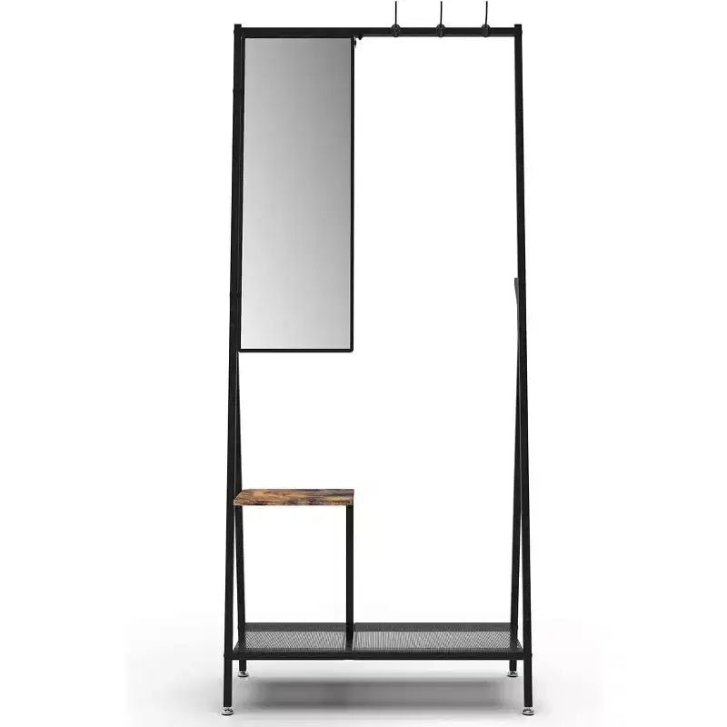 Set da Ingresso Moderno in Alluminio, Ingresso a Muro da 185 cm con Specchio e Panchina, Scaffali Porta Scarpe, Combinazione Nero/Marrone per Soggiorni