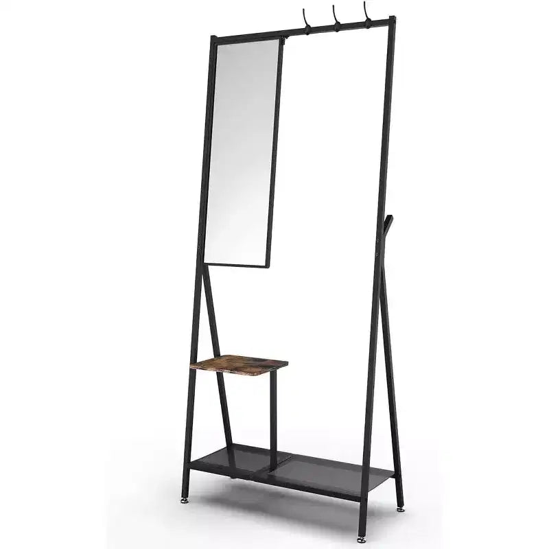 Set da Ingresso Moderno in Alluminio, Ingresso a Muro da 185 cm con Specchio e Panchina, Scaffali Porta Scarpe, Combinazione Nero/Marrone per Soggiorni