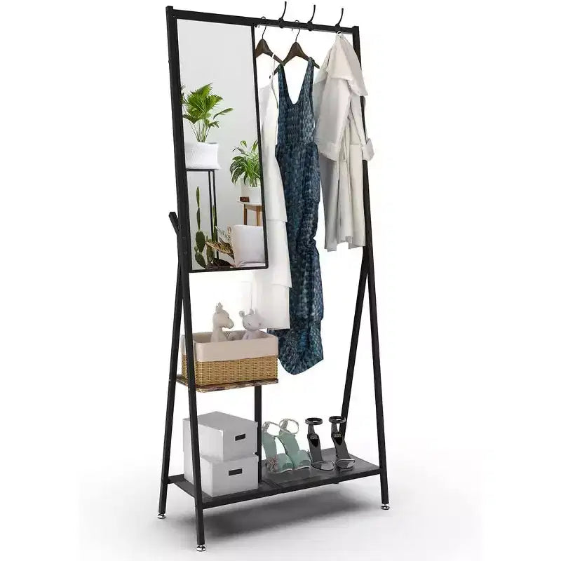Set da Ingresso Moderno in Alluminio, Ingresso a Muro da 185 cm con Specchio e Panchina, Scaffali Porta Scarpe, Combinazione Nero/Marrone per Soggiorni