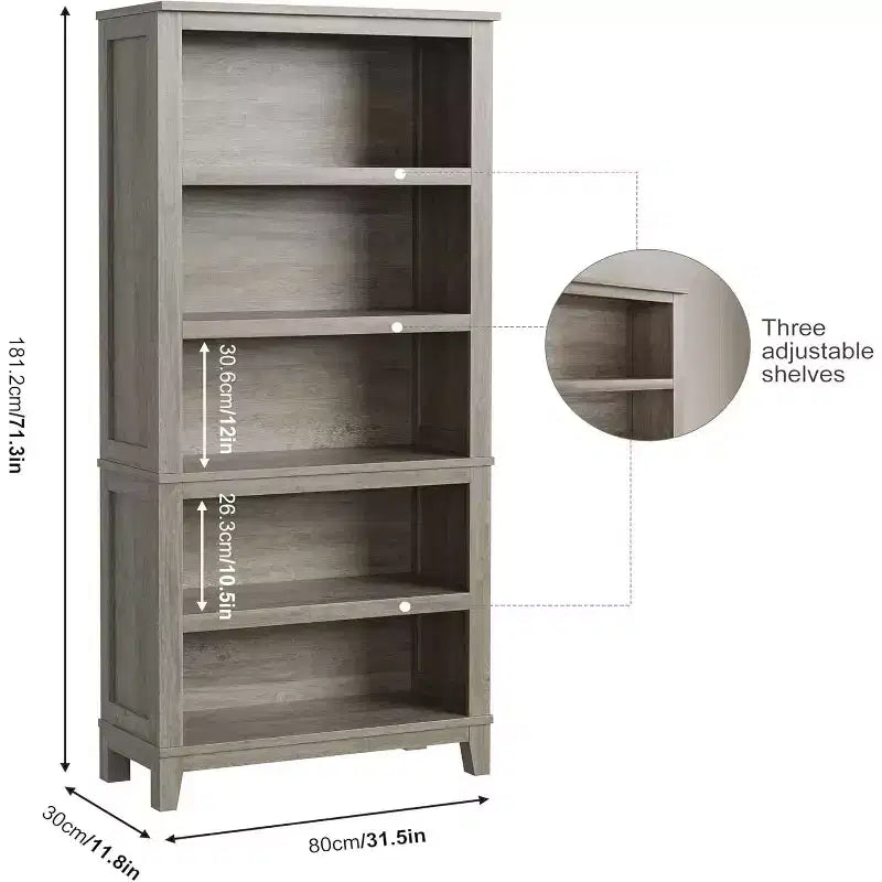 Bibliothèque de ferme 71 - Étagère réglable à 5 niveaux, 80 cm de large avec pieds en bois, style rustique vintage pour salon et bureau