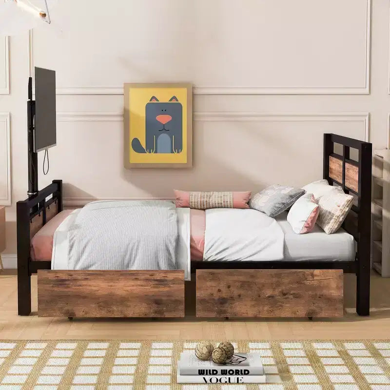 Lit plateforme double Whisen Metal avec tête de lit, pied de lit, deux tiroirs et support TV - Noir