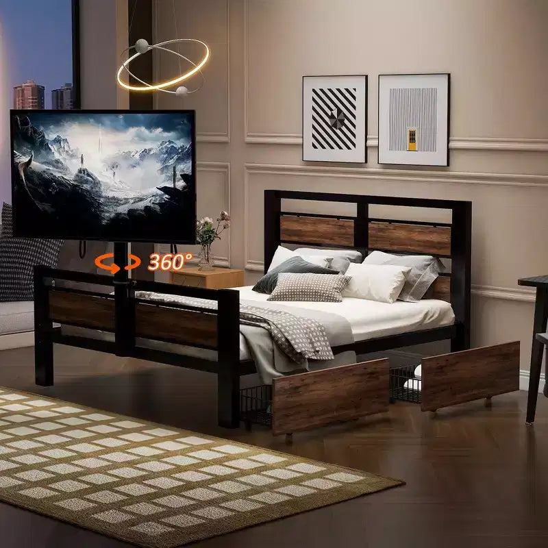 Lit plateforme double Whisen Metal avec tête de lit, pied de lit, deux tiroirs et support TV - Noir