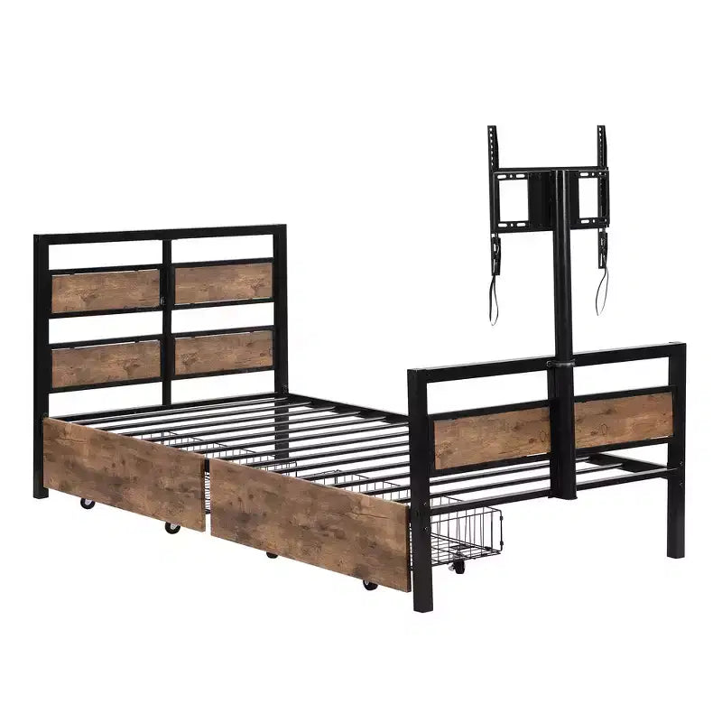 Lit plateforme double Whisen Metal avec tête de lit, pied de lit, deux tiroirs et support TV - Noir
