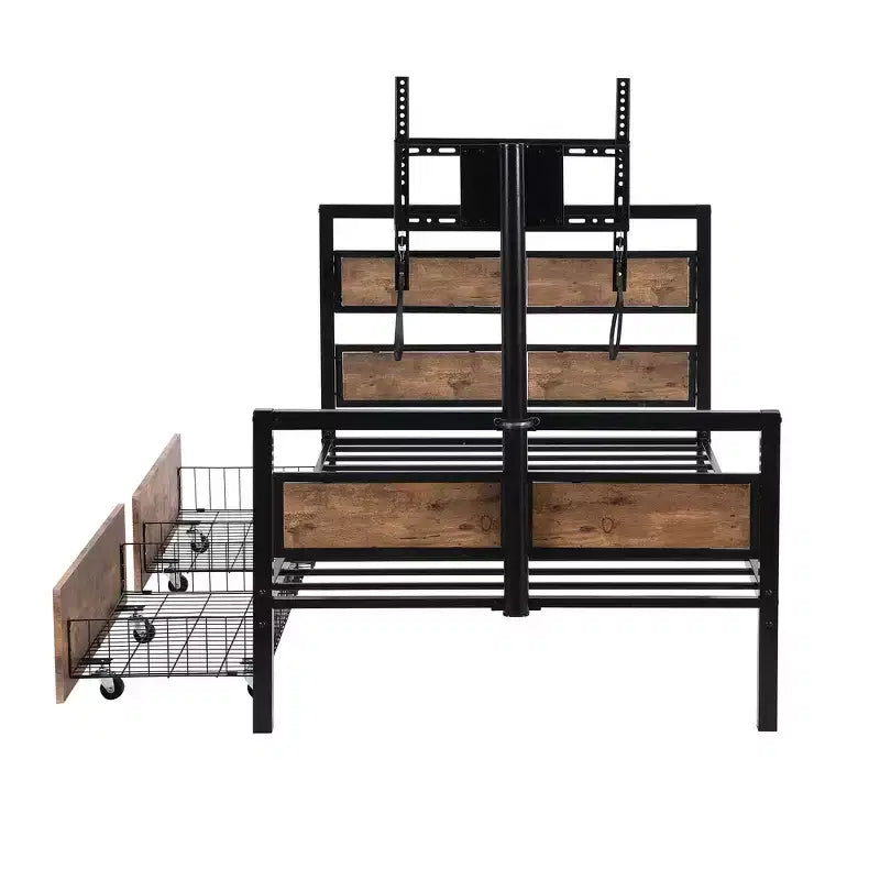 Lit plateforme double Whisen Metal avec tête de lit, pied de lit, deux tiroirs et support TV - Noir