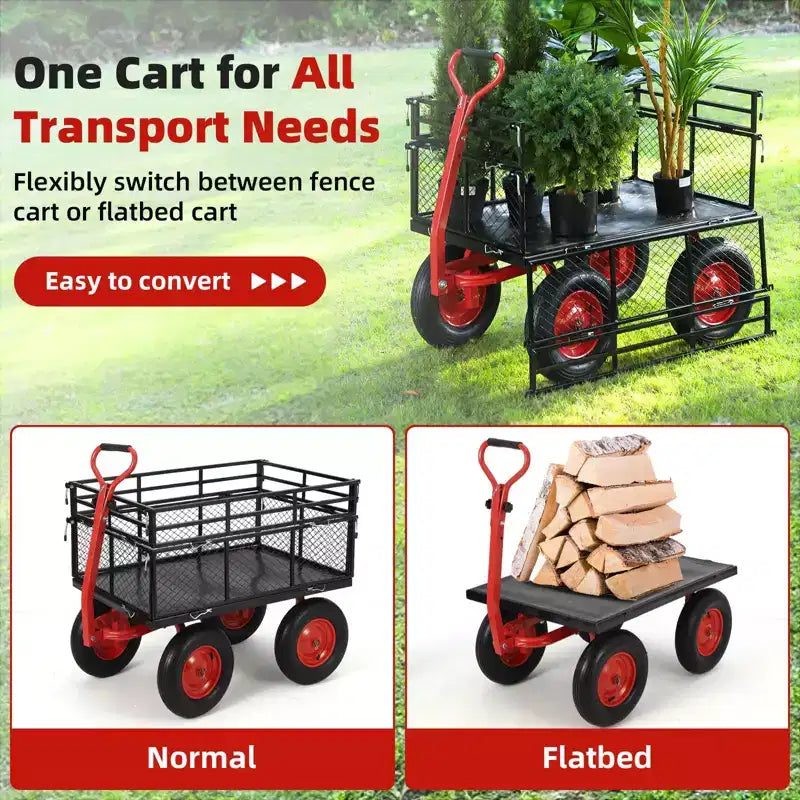 Chariot de jardin en acier, chariot utilitaire de jardin en métal robuste avec côtés en maille amovibles, poignée rotative 2-en-1 à 180° et roues de 16 pouces, utilitaire en acier