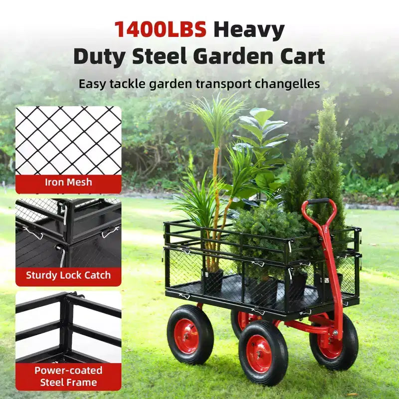 Chariot de jardin en acier, chariot utilitaire de jardin en métal robuste avec côtés en maille amovibles, poignée rotative 2-en-1 à 180° et roues de 16 pouces, utilitaire en acier