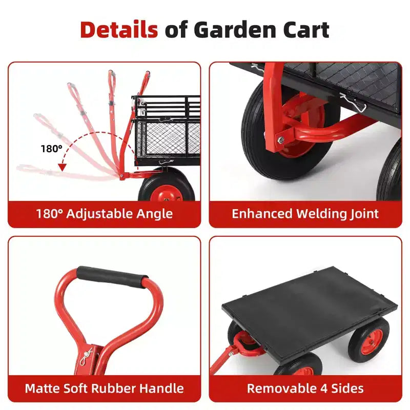 Chariot de jardin en acier, chariot utilitaire de jardin en métal robuste avec côtés en maille amovibles, poignée rotative 2-en-1 à 180° et roues de 16 pouces, utilitaire en acier
