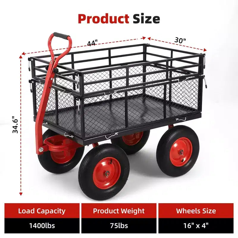 Chariot de jardin en acier, chariot utilitaire de jardin en métal robuste avec côtés en maille amovibles, poignée rotative 2-en-1 à 180° et roues de 16 pouces, utilitaire en acier
