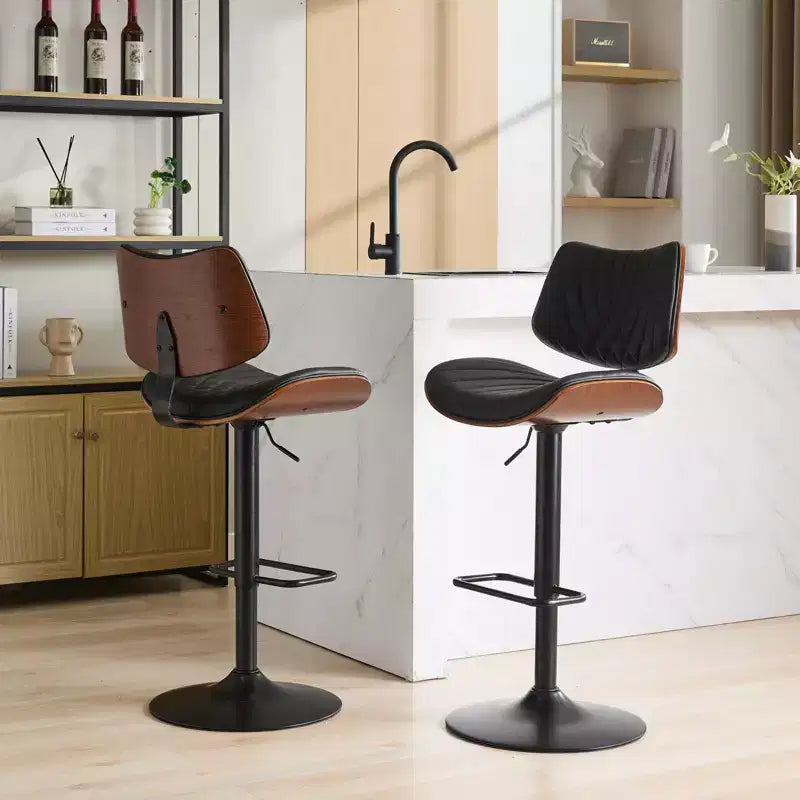 Tabourets de bar CLIHOME en noyer et bois courbé, hauteur de comptoir réglable, style Mid-Century, pivotants à 360°, avec revêtement en cuir, couleur beige