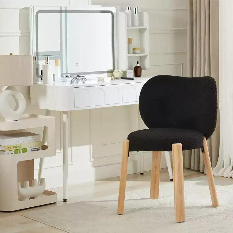Chaises de salle à manger en bois, tissu peluche Teddy, design moderne mignon, dossier incurvé, structure en bois, rembourrées pour cuisine et salon