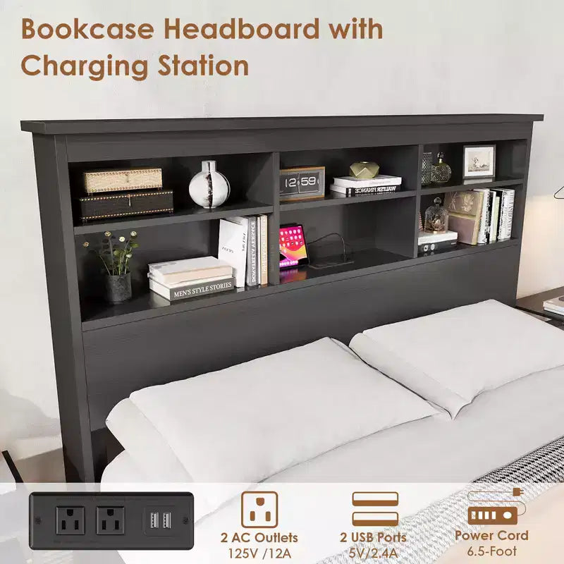 Cadre de lit double avec tête de lit bibliothèque, lit plateforme double avec 2 niveaux de rangement et station de recharge, pas besoin de sommier, montage facile, noir