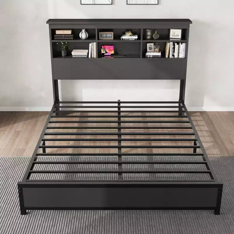 Cadre de lit double avec tête de lit bibliothèque, lit plateforme double avec 2 niveaux de rangement et station de recharge, pas besoin de sommier, montage facile, noir