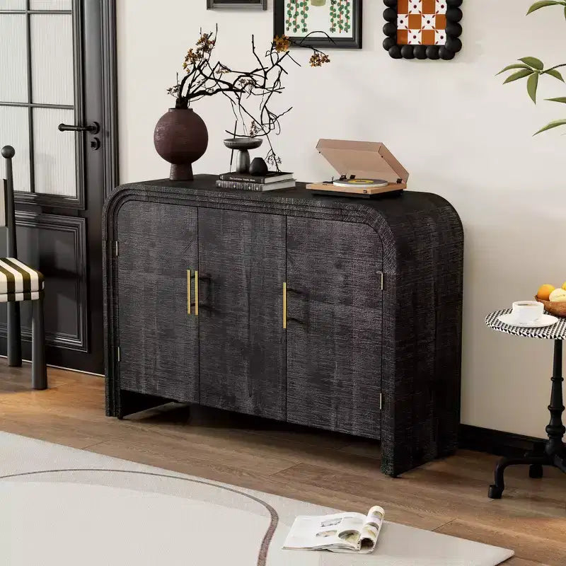 MAYEERTY Buffet Rétro Courbé avec Poignées Dorées et Étagères Réglables pour Salon et Salle à Manger, Noir Antique