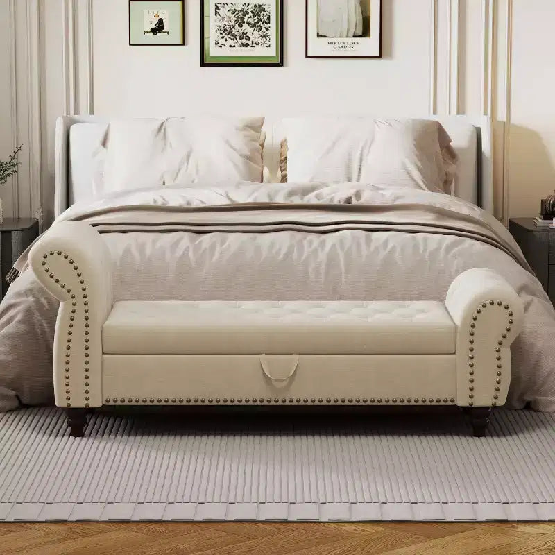 Banc de lit TUYOHW pour chambre à coucher, chaise longue capitonnée avec rangement, banc rembourré en velours, bleu lac