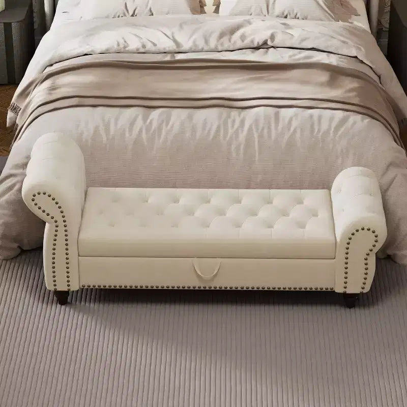 Banc de lit TUYOHW pour chambre à coucher, chaise longue capitonnée avec rangement, banc rembourré en velours, bleu lac