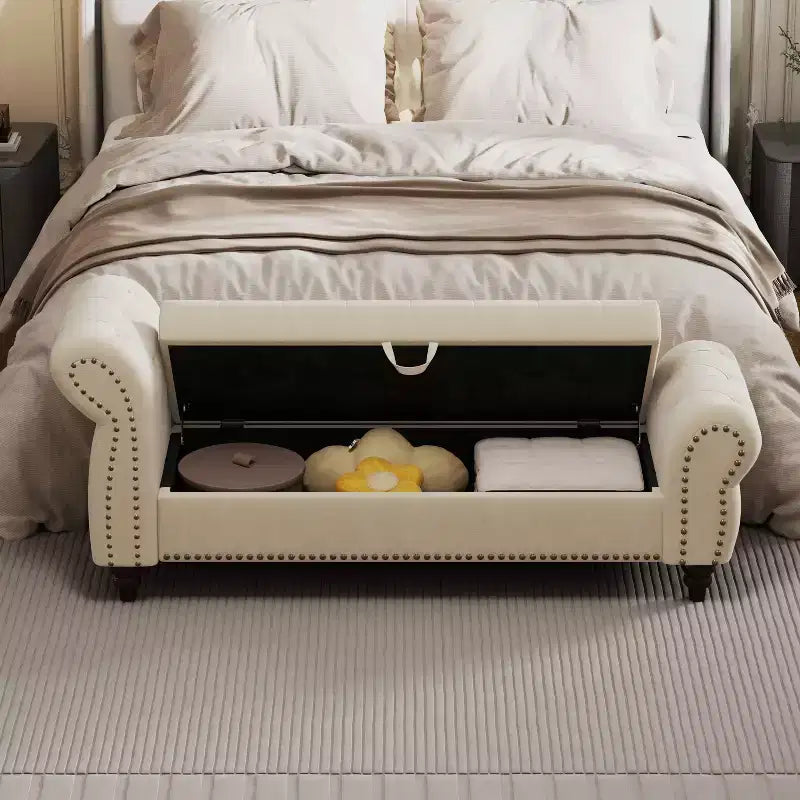 Banc de lit TUYOHW pour chambre à coucher, chaise longue capitonnée avec rangement, banc rembourré en velours, bleu lac