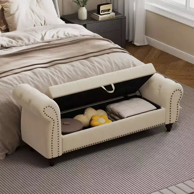 Banc de lit TUYOHW pour chambre à coucher, chaise longue capitonnée avec rangement, banc rembourré en velours, bleu lac