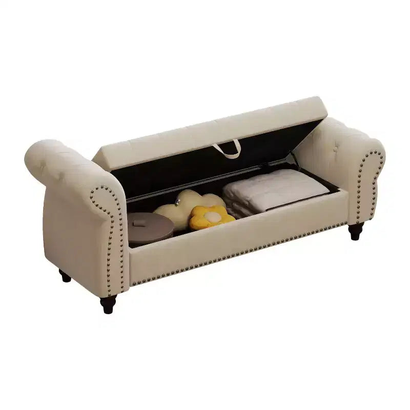 Banc de lit TUYOHW pour chambre à coucher, chaise longue capitonnée avec rangement, banc rembourré en velours, bleu lac