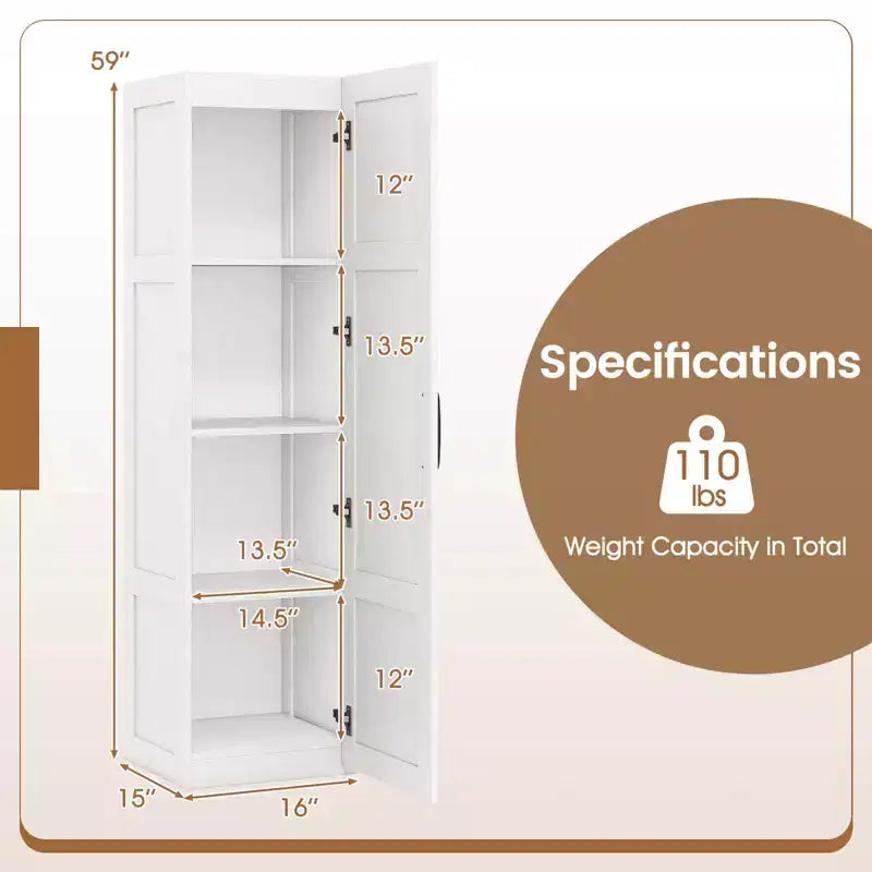 Meuble de Rangement Costway 4 Niveaux avec Porte Armoire de Salle de Bain Autonome pour Petit Espace Noir/Naturel/Blanc