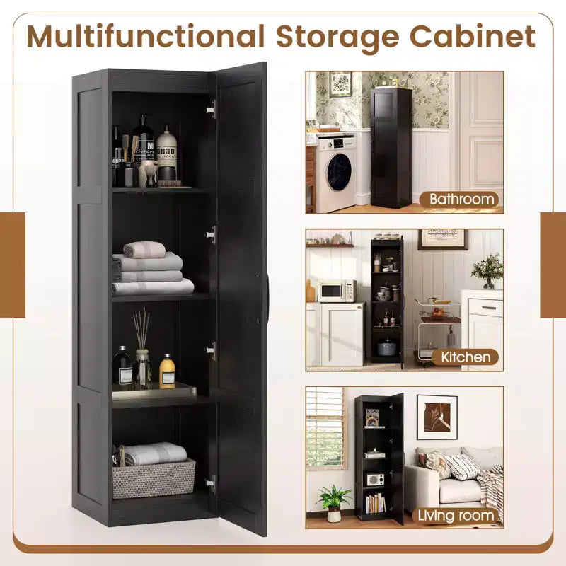 Meuble de Rangement Costway 4 Niveaux avec Porte Armoire de Salle de Bain Autonome pour Petit Espace Noir/Naturel/Blanc