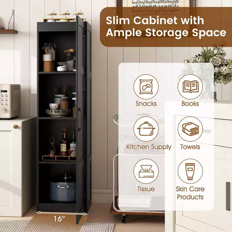 Meuble de Rangement Costway 4 Niveaux avec Porte Armoire de Salle de Bain Autonome pour Petit Espace Noir/Naturel/Blanc