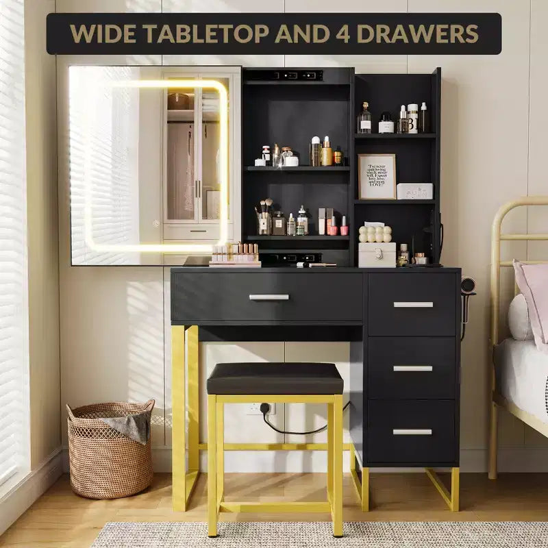 Coiffeuse, coiffeuse avec miroir et lumières, prises de courant, coiffeuse avec chaise rembourrée