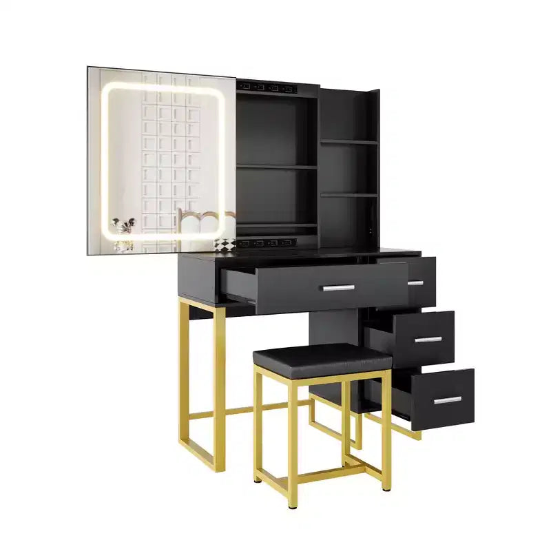 Coiffeuse, coiffeuse avec miroir et lumières, prises de courant, coiffeuse avec chaise rembourrée
