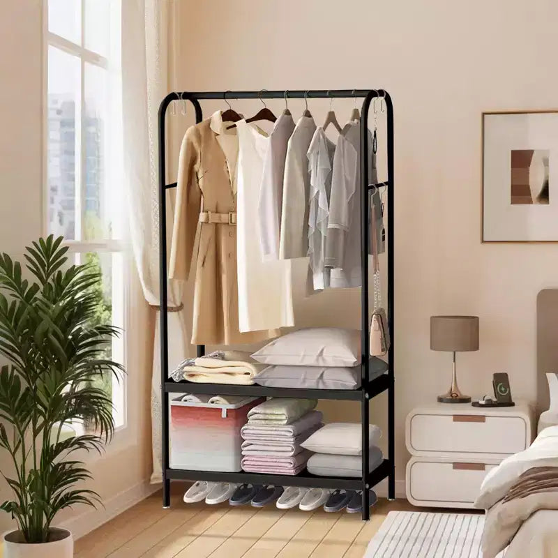 Gold Clothing Rack, Heavy Duty Garment Rack Freestanding Coat Rack for Hanging Clothes Metal Clothes Hanger with Double Shelves for Bedroom, Office