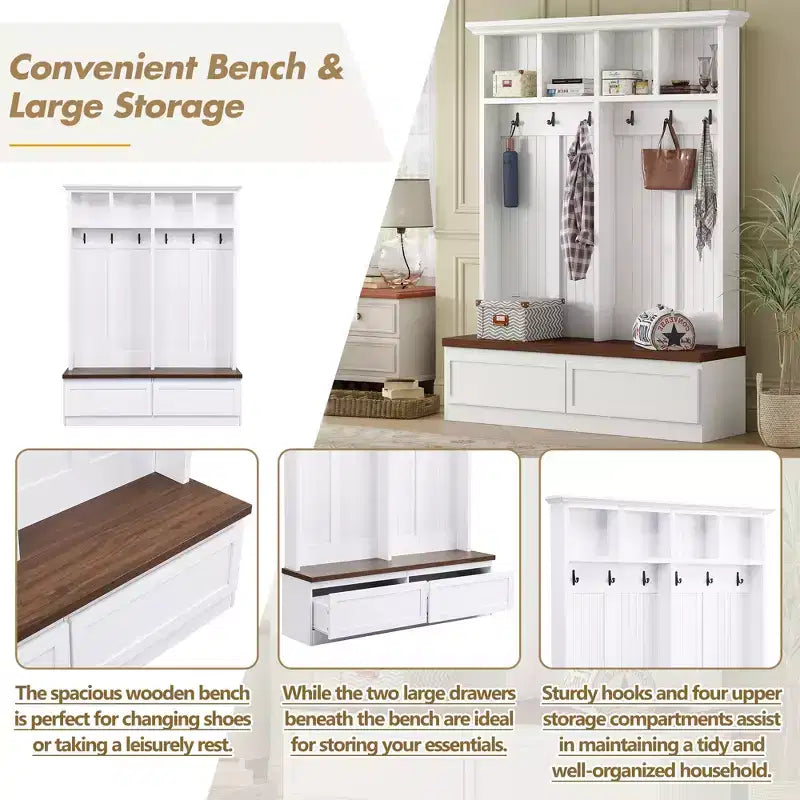 Appendiabiti rustico con panca effetto legno, appendiabiti versatile da ingresso con 2 grandi cassetti, organizzatore per l'entrata