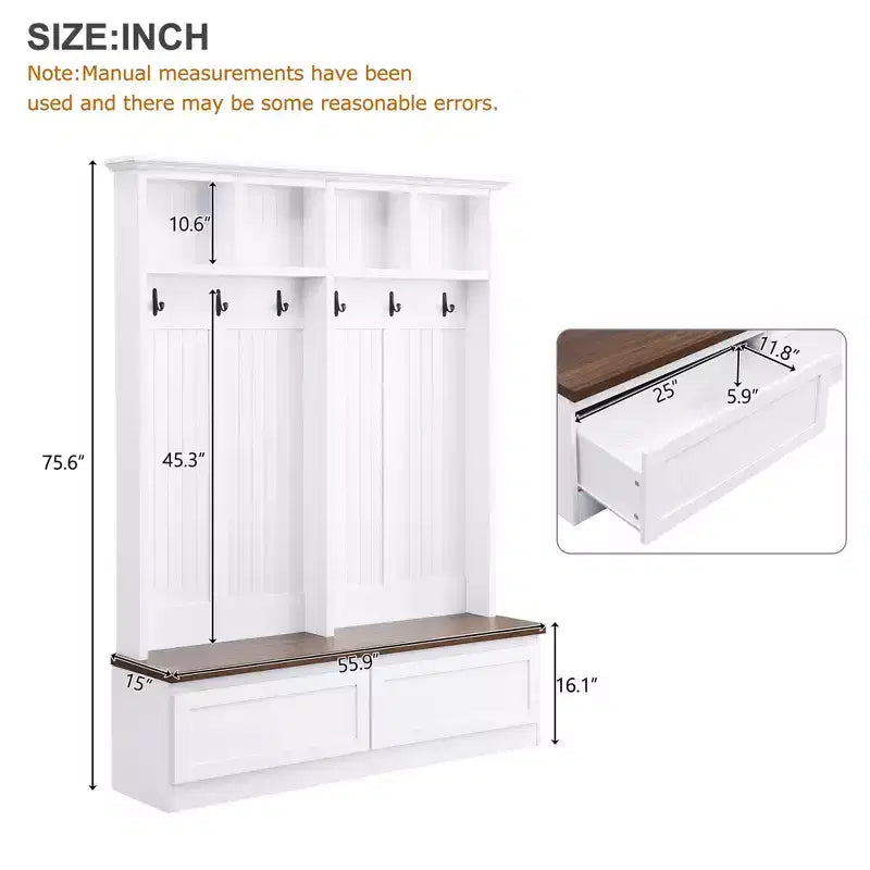 Appendiabiti rustico con panca effetto legno, appendiabiti versatile da ingresso con 2 grandi cassetti, organizzatore per l'entrata