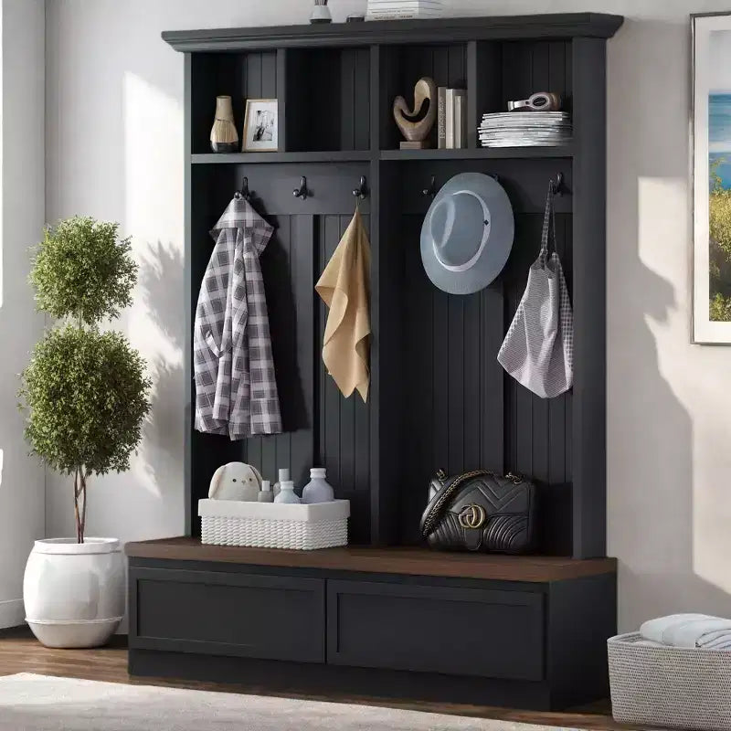 Appendiabiti rustico con panca effetto legno, appendiabiti versatile da ingresso con 2 grandi cassetti, organizzatore per l'entrata
